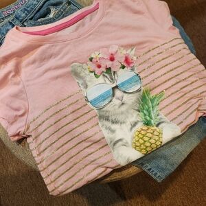 Pink Cat Graphic Kids T-Shirt And Jeans